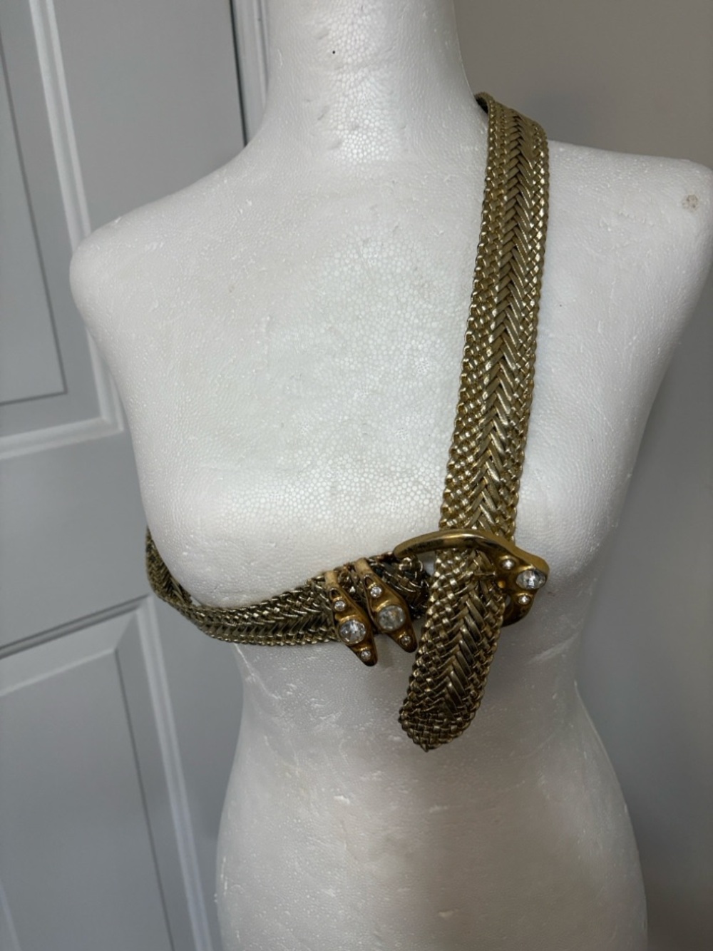 Gold Braided Belt Rhinestone Buckle Bling Metallic Wide Waist Statement Belt